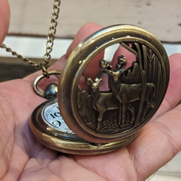 Deer Pocket Watch Hunter Gift Hunting Buck Bronze Necklace Chain - Picture 3 of 5